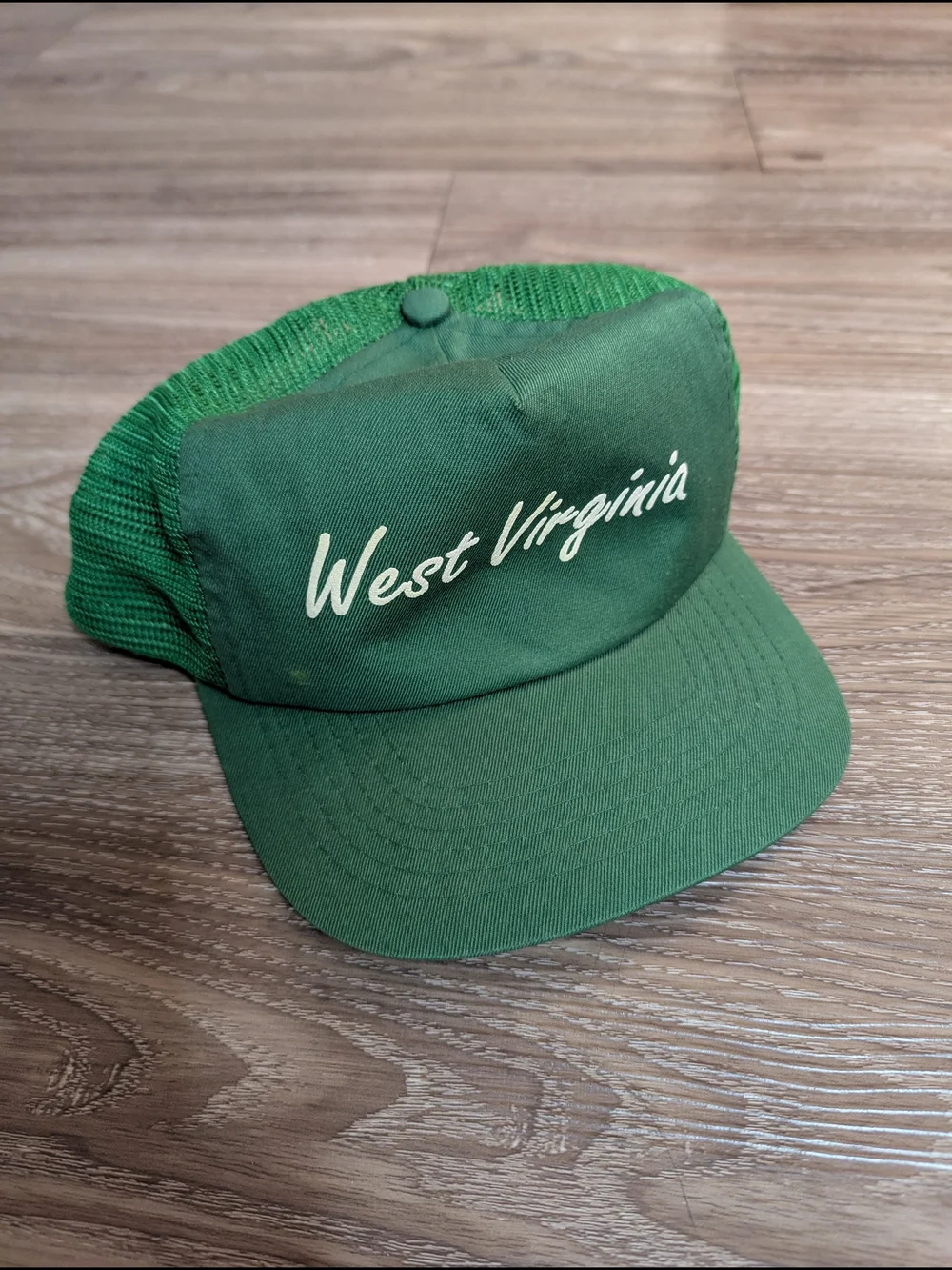 West Virginia Vintage Script Snapback Trucker Mesh Hat Green